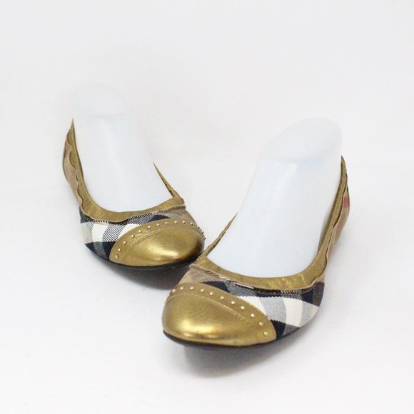 BURBERRY #36735 Check Print & Gold Ballerina Flats (US 7 EU 37) - Picture 1 of 9